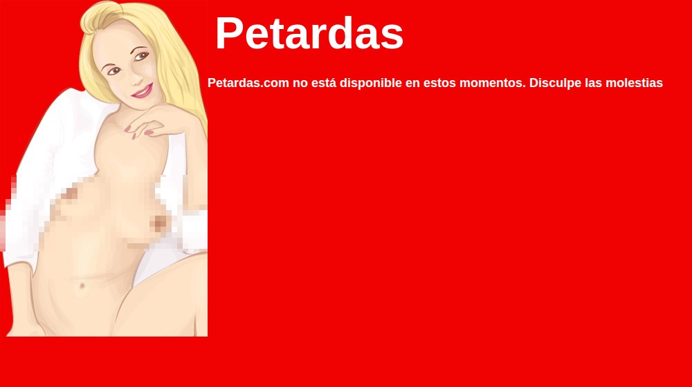 Portada de petardas.com recortada: ilustración a la izquierda, nombre del sitio y aviso de no disponibilidad a la derecha